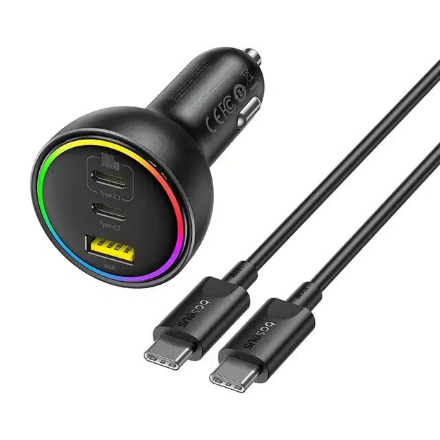 Baseus Multi-Port Fast Charge Car Charger C+C+U 152.5W Set Cluster Black（with Baseus Xiaobai series fast charging Cable Type-C to Type-C 100W (20V/5A) 1m Black）