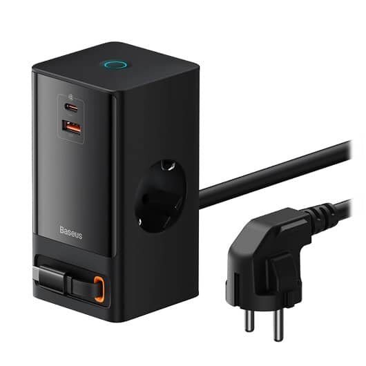 OS-Baseus PowerCombo Digital PowerStrip 2AC+1U+1C+Retractable-C 65W with 1.5m power cord EU Black
