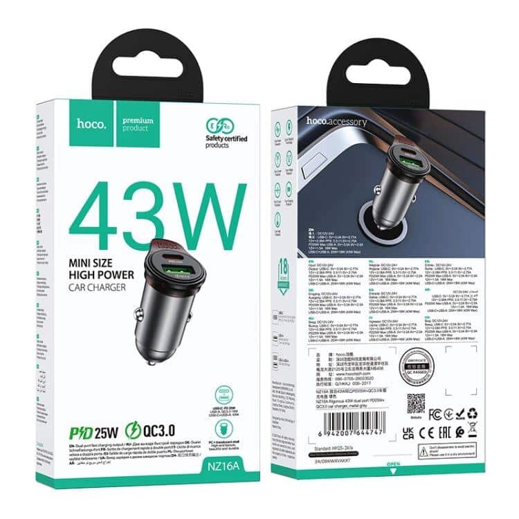Hoco NZ16A Rigorous 43W dual port PD25W+QC3.0 car charger metal grey