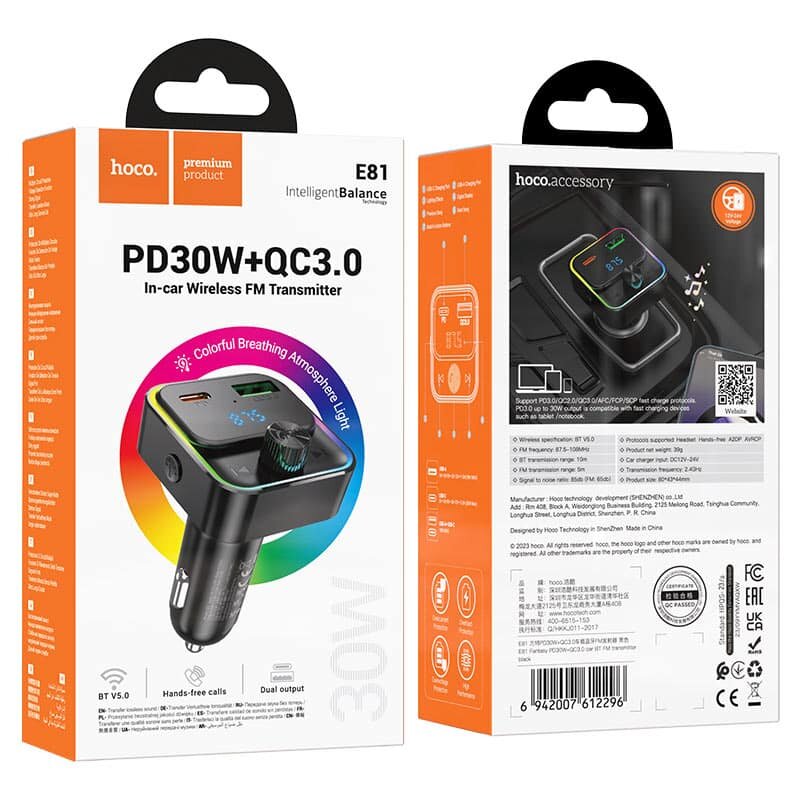Hoco E81 Fantasy PD30W+QC3.0 car BT FM transmitter