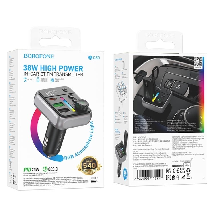 Borofone BC50 Ascenso PD20W+QC3.0 car BT FM transmitter
