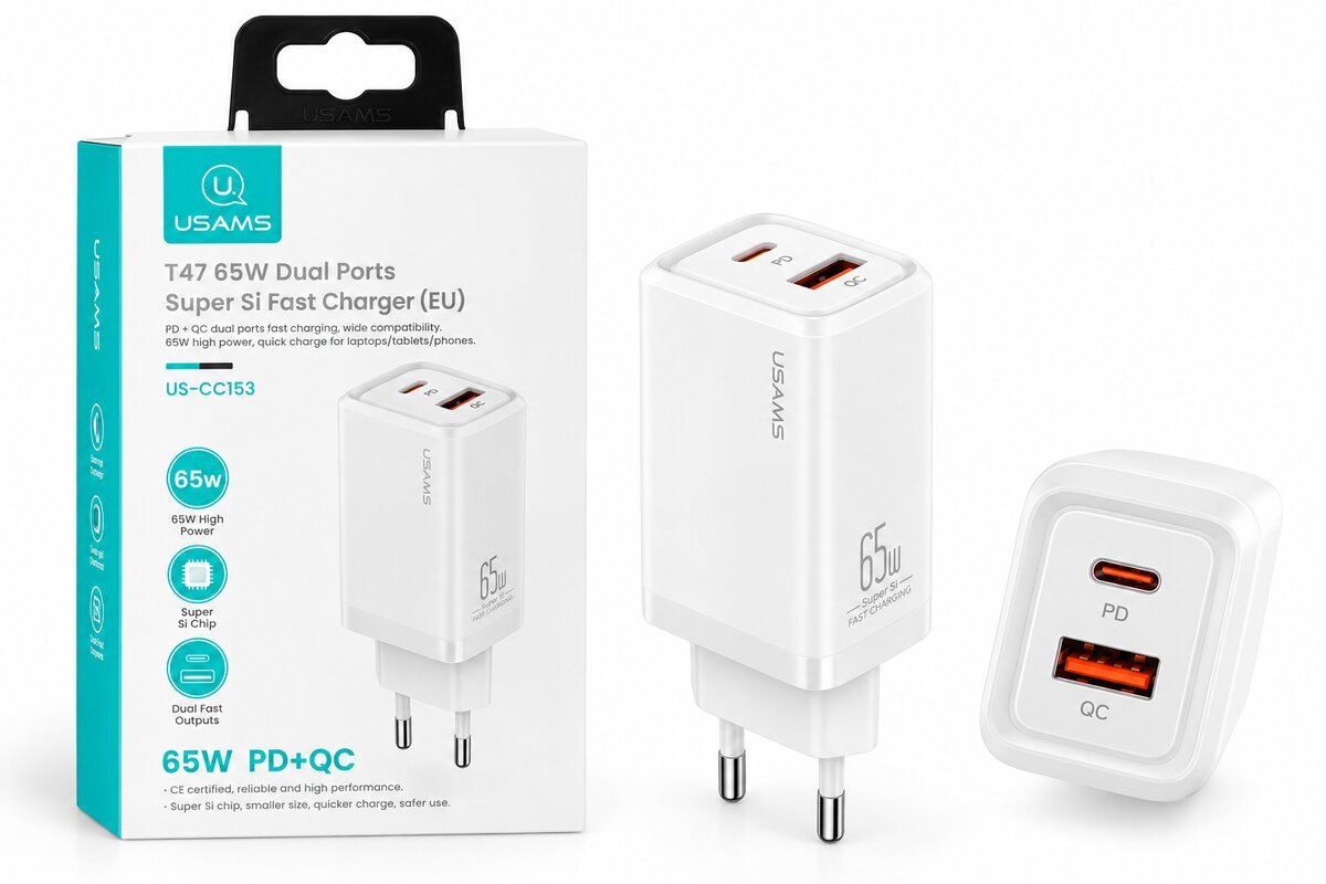 USAMS T47 Super Si 65W Dual-Port USB-C + USB-A Fast Wall Charger – EU (US-CC153)