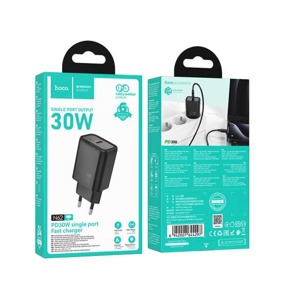 Hoco N62 Gentle single port PD30W charger set(C to C)(EU) Black