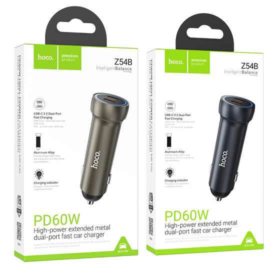 Hoco Z54B Prosperous PD60W(2C) car charger Metal grey