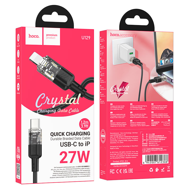 Hoco U129 Spirit PD transparent charging data cable iP black